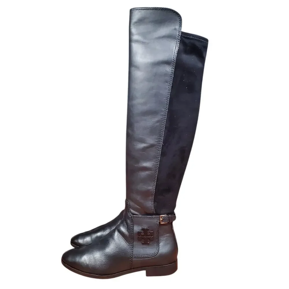 Tory Burch Wyatt Over The Knee Riding Boots Leather Black Logo 40791 Size 7